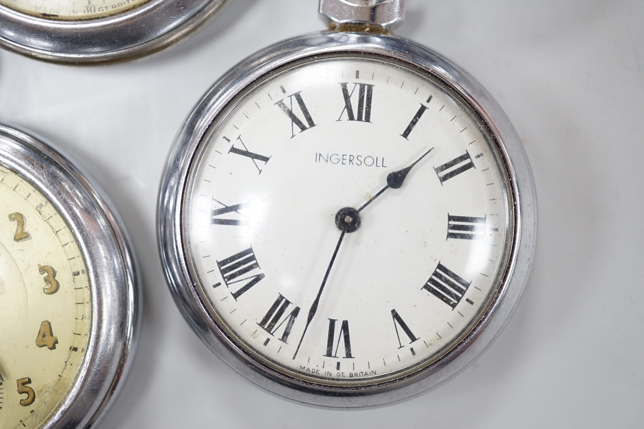 Ten assorted base metal pocket watches including Ingersoll, Services Excel and Smiths.